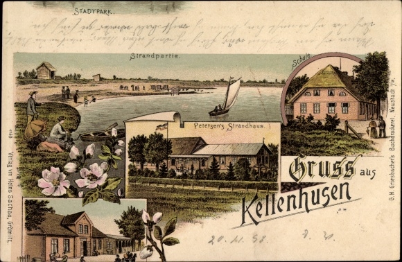 Chromo-Litho Baltic resort Kellenhusen in Holstein, city park, beach, school, Petersen&#39;s beach house