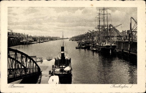 Ak Hansestadt Bremen, Freihafen I, Schiff, Segelschiffe