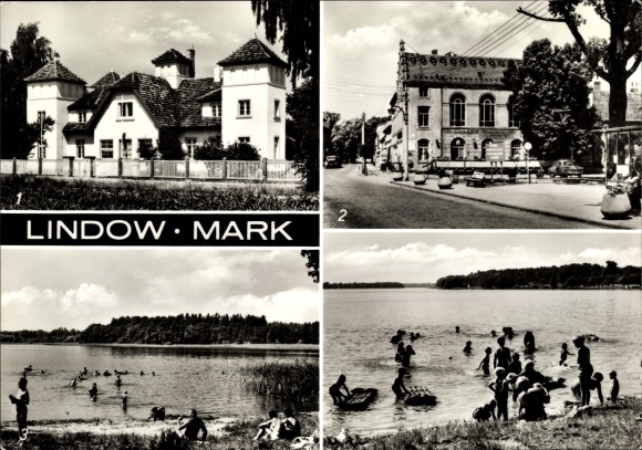 Postcard Lindow in the Mark, children&#39;s sanatorium Heinz chapel, swimming area at Wutzsee, street of peace