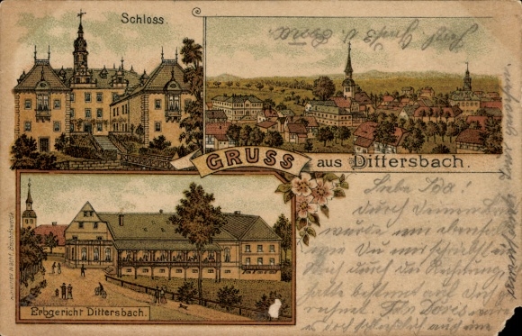 Chromo-Litho Dürrröhrsdorf Dittersbach in Saxony, Erbgericht Castle Greetings from Dittersbach