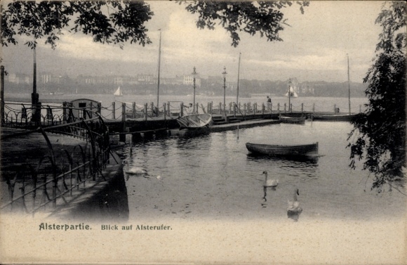 Postcard Hamburg Mitte Neustadt, view of Alster riverbank, pier