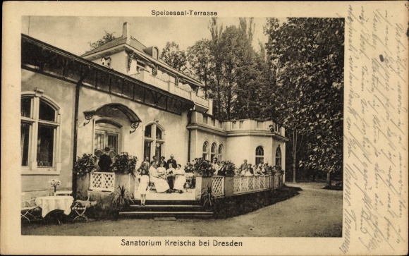 Postcard Kreischa in the Ore Mountains, view of the sanatorium, dining room, terrace