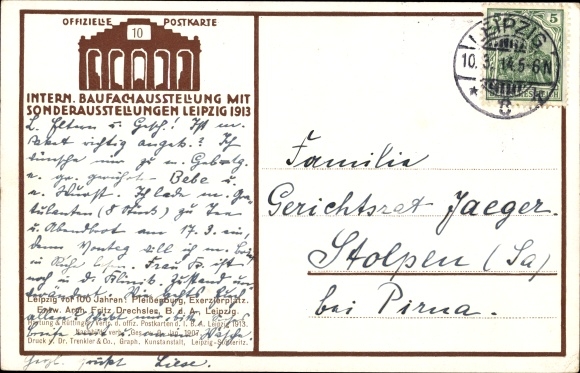 Kunstenaar Ak Dörffel, Leipzig in Saksen, bouwtentoonstelling 1913, Pleissenburg, paradeplaats