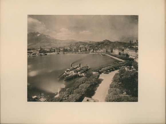Photo Lucerne city Switzerland, steamboat pier, panorama