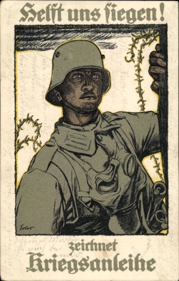 Künstler Ak Erler, Helft uns siegen, zeichnet Kriegsanleihe, Soldat in Stahlhelm mit Gasmaske, I. WK