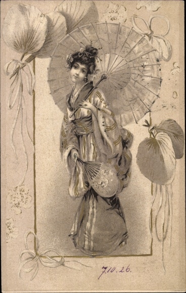 Art Nouveau litho lady in kimono, fan, umbrella