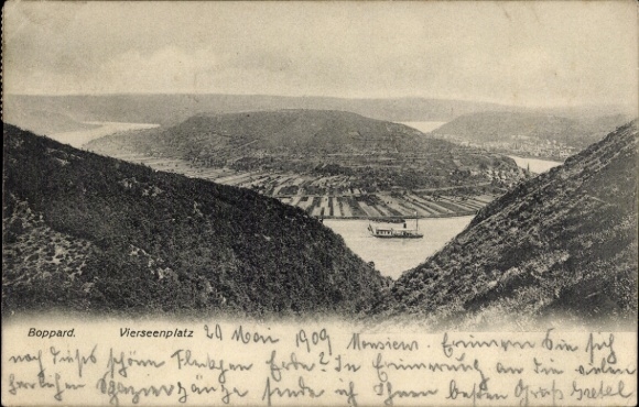 Postcard Boppard am Rhein, view of the Vierseenplatz, landscape with hills and river, steamer