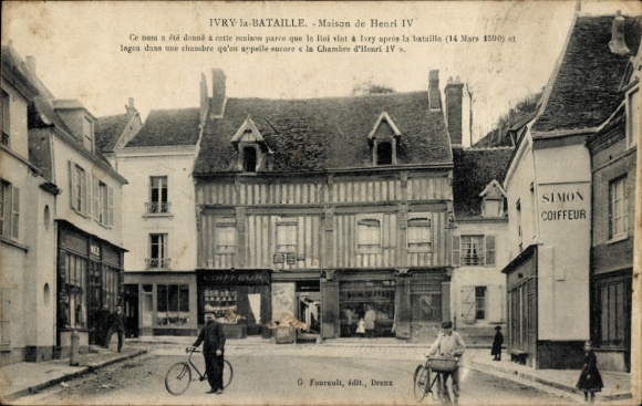 Postcard Ivry la Bataille Eure, Maison de Henri IV, Simon Coiffeur