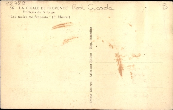 Postcard La Cigale de Provence, Emblem of the felibrige