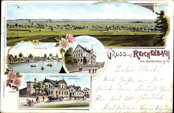 Chromo-Litho Reichenbach near Waldenburg Callenberg in Saxony, pond, school, inn