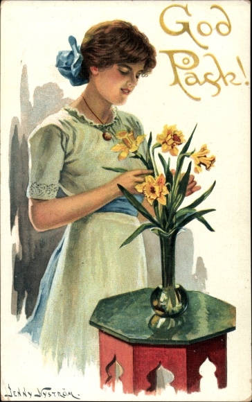 Artist PC Nyström, J., Happy Easter, woman, daffodils in the flower vase