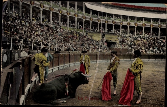 Ak Eindhoven Noord-Brabant Nederland, stierengevecht, matadors, toeschouwers, torero, rode capes
