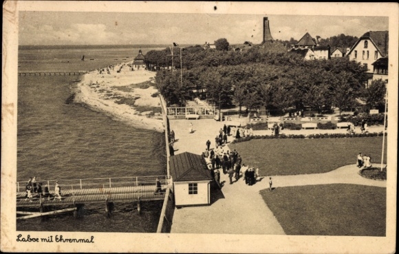 Postcard Baltic Sea resort Laboe, landscape with water, beach promenade, people, trees, memorial