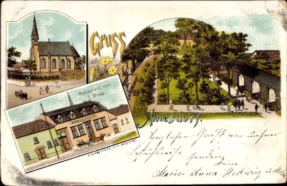 Litho Amesdorf Güsten in Anhalt, Kirche, Restaurant E. Boss