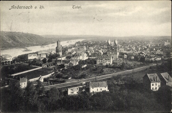Postcard Andernach am Rhein, city view, Rhine, houses, river, tower