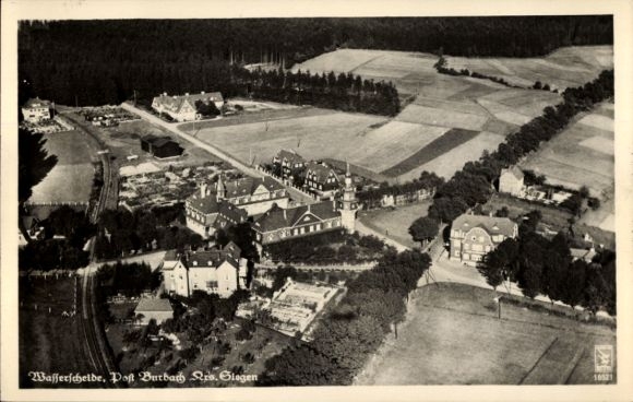 Postcard Burbach in Siegerland, aerial photography, watershed