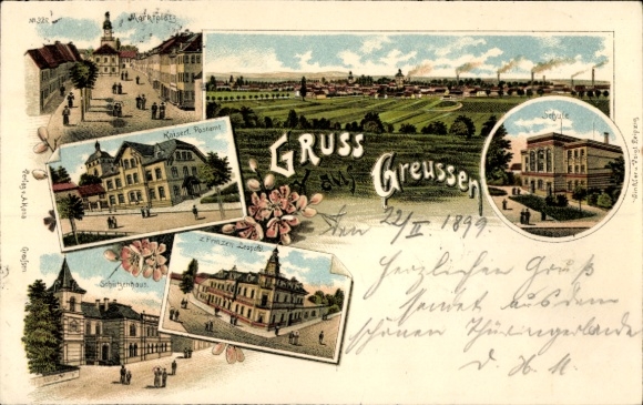Litho Greußen Thüringen, Gasthof, Schule, Schützenhaus, Gasthaus z. Prinzen Leopold