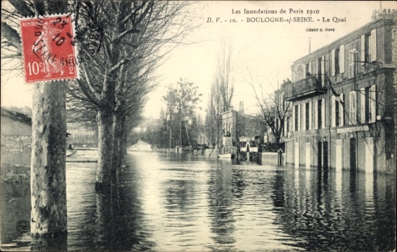 Postcard Boulogne sur Seine Hauts de Seine, flooded street