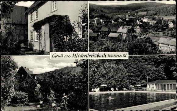 Postcard Niederdreisbach in the Westerwald, Pension Georg Friedr. Roth, general view, outdoor pool