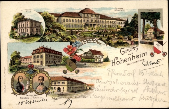 Studentika Chromo-Litho Hohenheim Stuttgart in Württemberg, Castle, Garbe, Duke Karl, Gasthof Hirsch