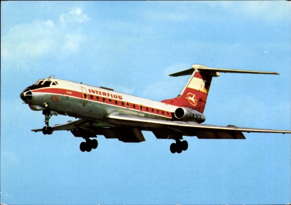 Postcard German passenger aircraft Tupolew TU-134, Interflug, turbine jet airliner