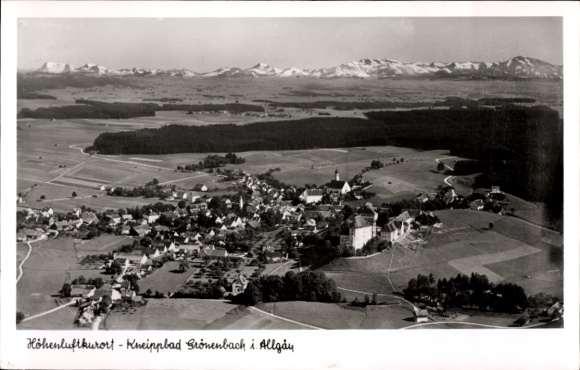 Postcard Bad Grönenbach in Allgäu, aerial photograph of the mountain health resort, Kneipp bath Allgäu