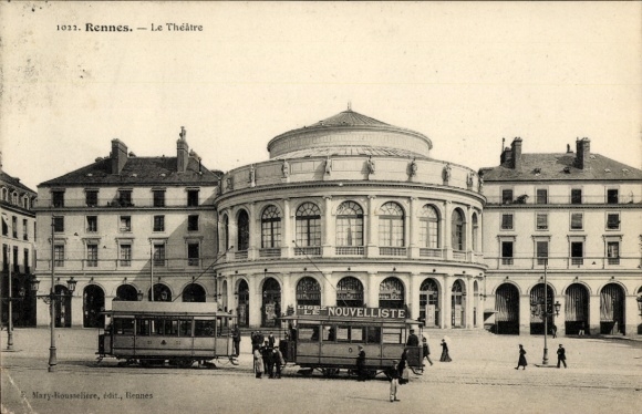 Ak Rennes Ille et Vilaine, Le Théâtre, Tram, alte Architektur,  1022, E Mary-Rousselière