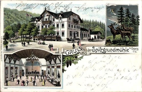 Postcard Coswig in Saxony, Spitzgrundmühle, painting of the dance hall, ballroom, people, nature