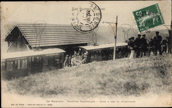 Postcard Le Hohneck Lorraine Vosges, Tramway Electrique, Gare, train station, track side