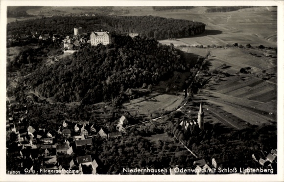 Postcard Niedernhausen Fischbachtal in the Odenwald, aerial photograph, Lichtenberg Castle
