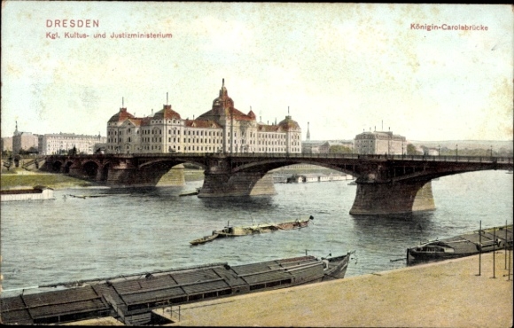 Ak Dresden Altstadt, Königin-Carolabrücke, Kgl. Kultus- und Justizministerium, Fluss, Stadtansich