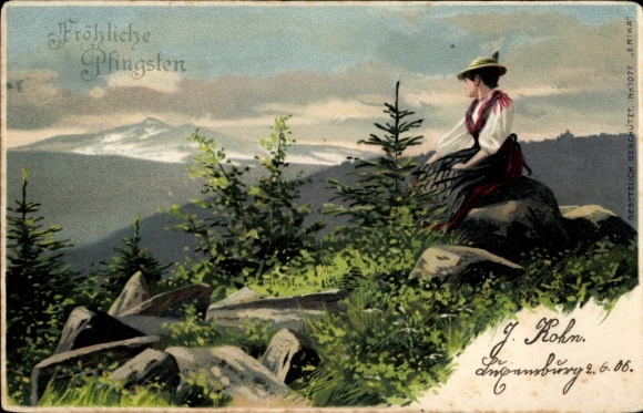 Chromo-Litho hiker looking into the distance, view, mountain range