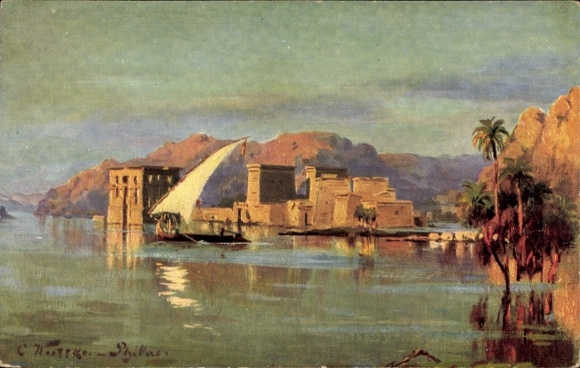 Artysta KP Wuttke, Carl, wyspa Philae, Egipt, widok ogólny, żaglówka