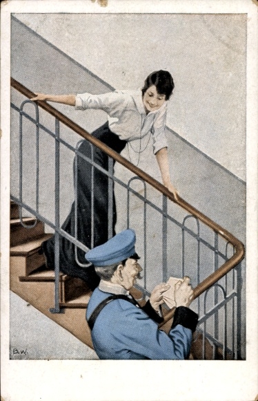 Kunstenaarsbriefkaart Wennerberg, Bruno, de veldpostbrief, vrouw, postbode