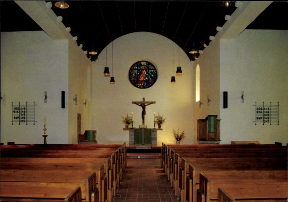 Postcard Berlin Neukölln Rudow, village church, interior, altar