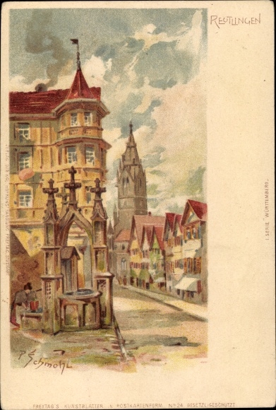 Artist Chromo-Litho Schmohl, P., Reutlingen in Württemberg, local section, fountain, church