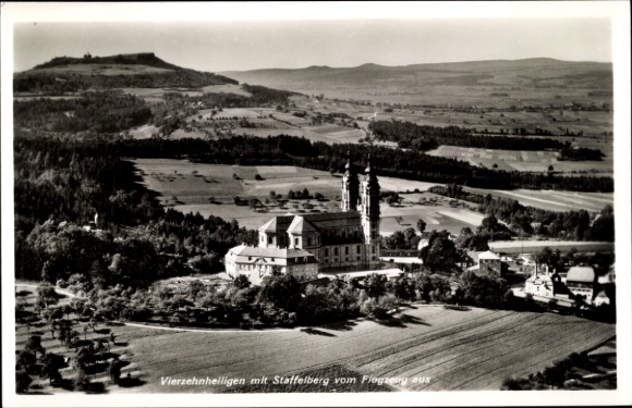 Postcard Vierzehnheiligen Bad Staffelstein am Main Upper Franconia, aerial photograph, Staffelberg