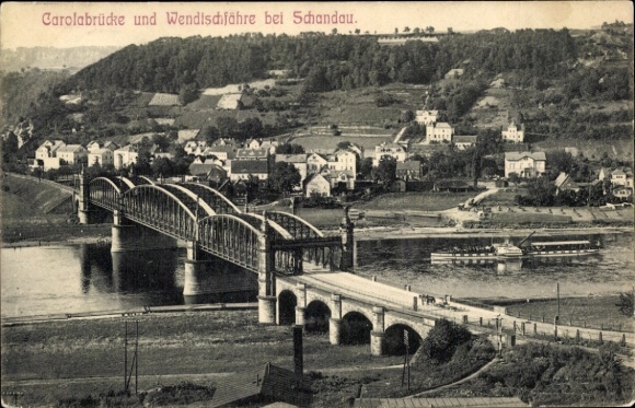 Ak Wendischfähre Rathmannsdorf, Carolabrücke, Blick auf den Ort