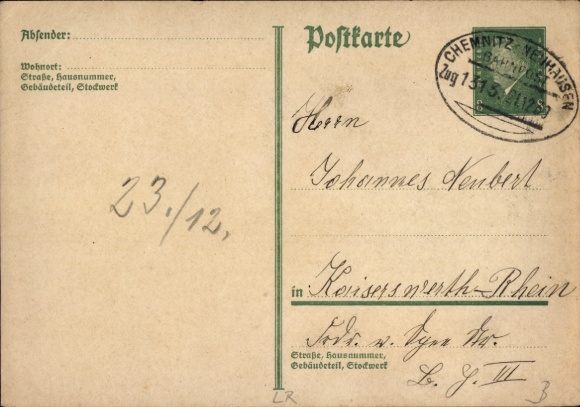 Stempel pocztowy pociągu Chemnitz – Neuhausen 1313, 21 grudnia 1930 r. na papeterii pocztowej