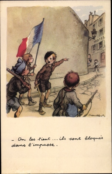 Artist PC Poulbot, Francisque, Pn les tient, children play soldiers
