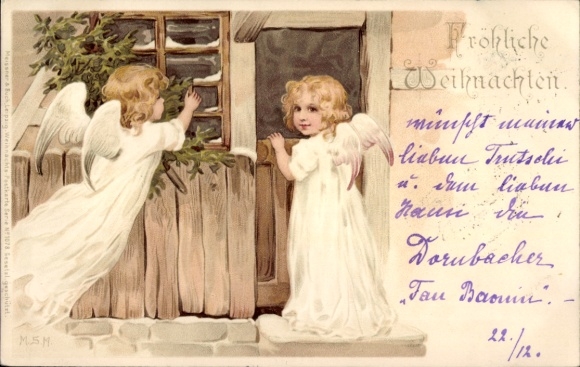 litho Gefeliciteerd Kerstmis, engel, huis