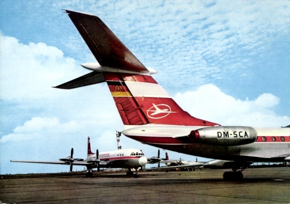 Postcard turbine jet airliner Tupolev Tu 134 of Interflug, DM SCA, Airport
