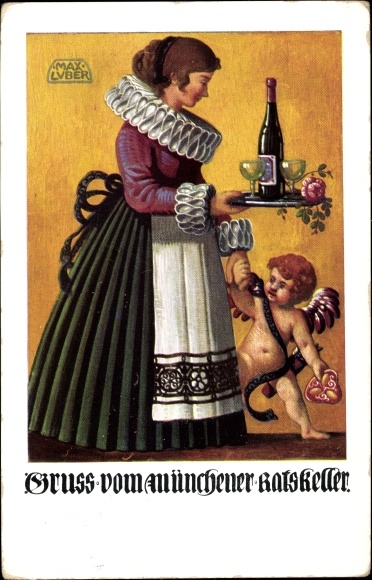 Kunstenaar ansichtkaart Luber, Max, München Beieren, groeten van de Münchener Ratskeller, engel, serveerster