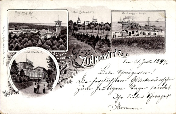 Forerunner Chromo-Litho Baltic Sea resort Zinnowitz on Usedom, general view, Hotel Belvedere, landing stage