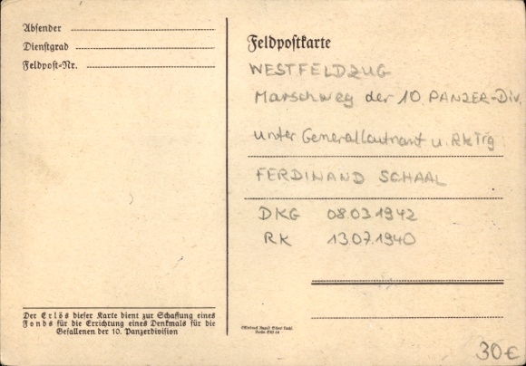 Kaart ansichtkaart Duitse Wehrmacht, overwinningsmars 10e pantserdivisie, westerse campagne, generaal Ferdinand Schaal