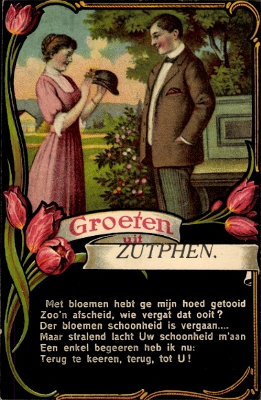 Gedicht Passepartout Ak Zutphen Gelderland, Grüße aus, Liebespaar, Hut