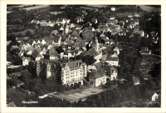 Postcard Neuenstein in Hesse, aerial photograph, cityscape, architecture, small houses, landscape