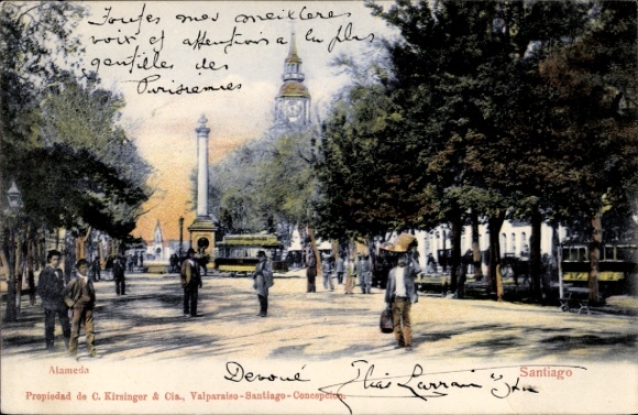Postcard Santiago de Chile, Alameda, pedestrians, monument, trees,