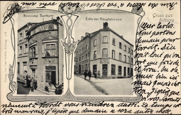 Art Nouveau ansichtkaart Bitburg in de Eifel, Romeinse poorttoren, hoek van de hoofdstraat