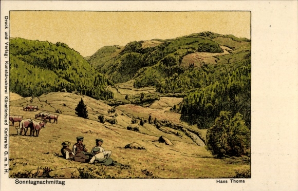 Artist Postcard Thoma, H., Sunday afternoon, farmers, cows